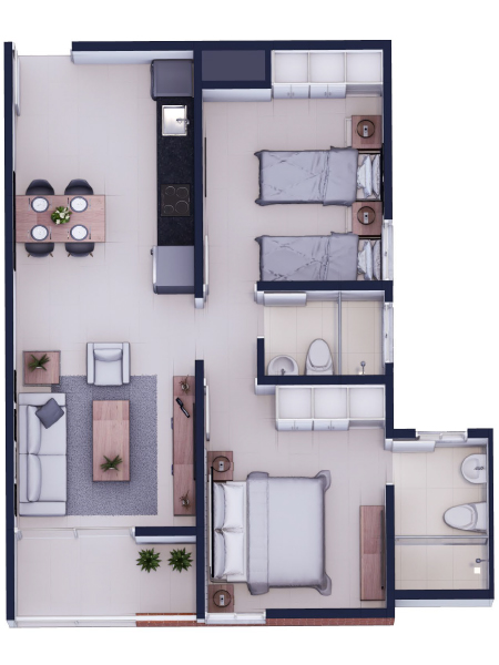 2 Dormitorios 64.70 m²